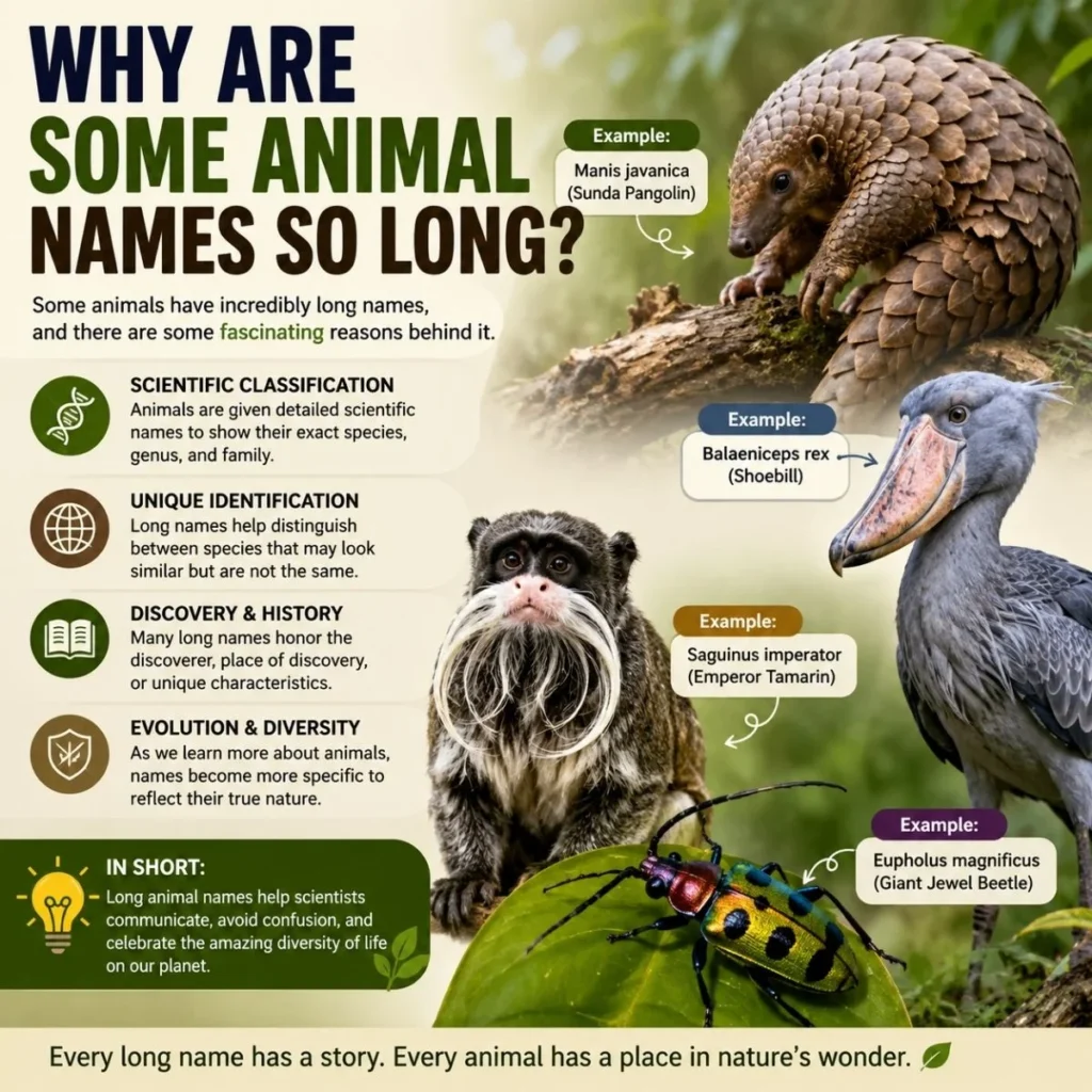 Why some animal names are long, explaining scientific classification, identification, and species diversity