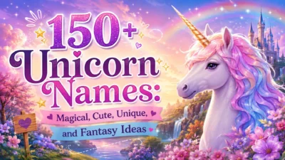 150+ unicorn names banner with a magical white unicorn, rainbow mane, castle, flowers, and fantasy landscape