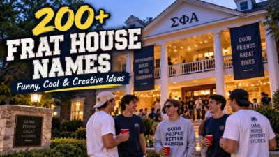 200+ frat house names with funny, cool, and creative ideas outside a lively fraternity house