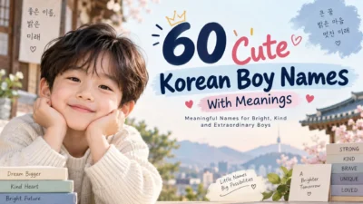 60 cute Korean boy names with meanings featuring a smiling Korean boy and Korean-inspired background