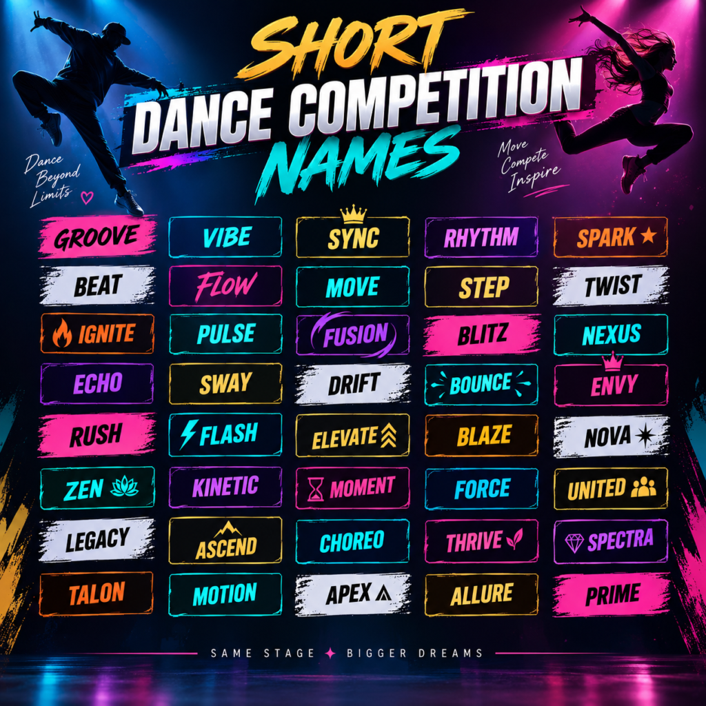Short dance competition names displayed on a vibrant dance-themed poster