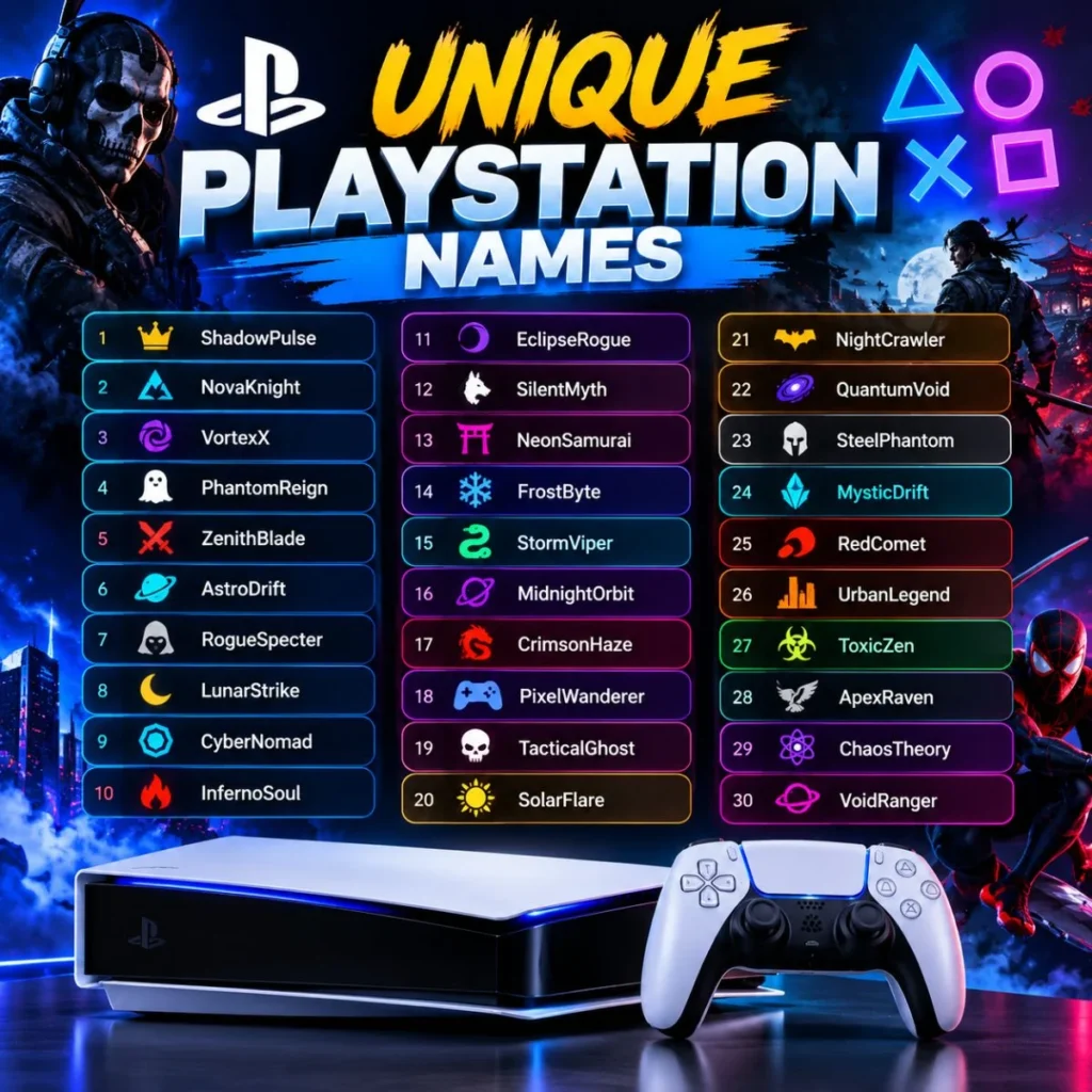 Unique PlayStation names with 30 creative PSN username ideas and gaming-themed artwork