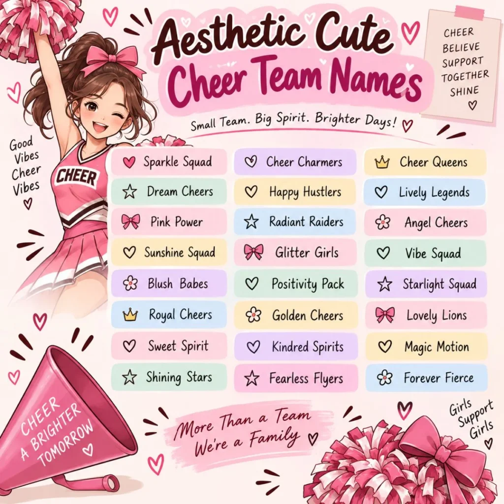 Aesthetic cute cheer team names in a pastel pink scrapbook design with cheerleader and pom-pom doodles