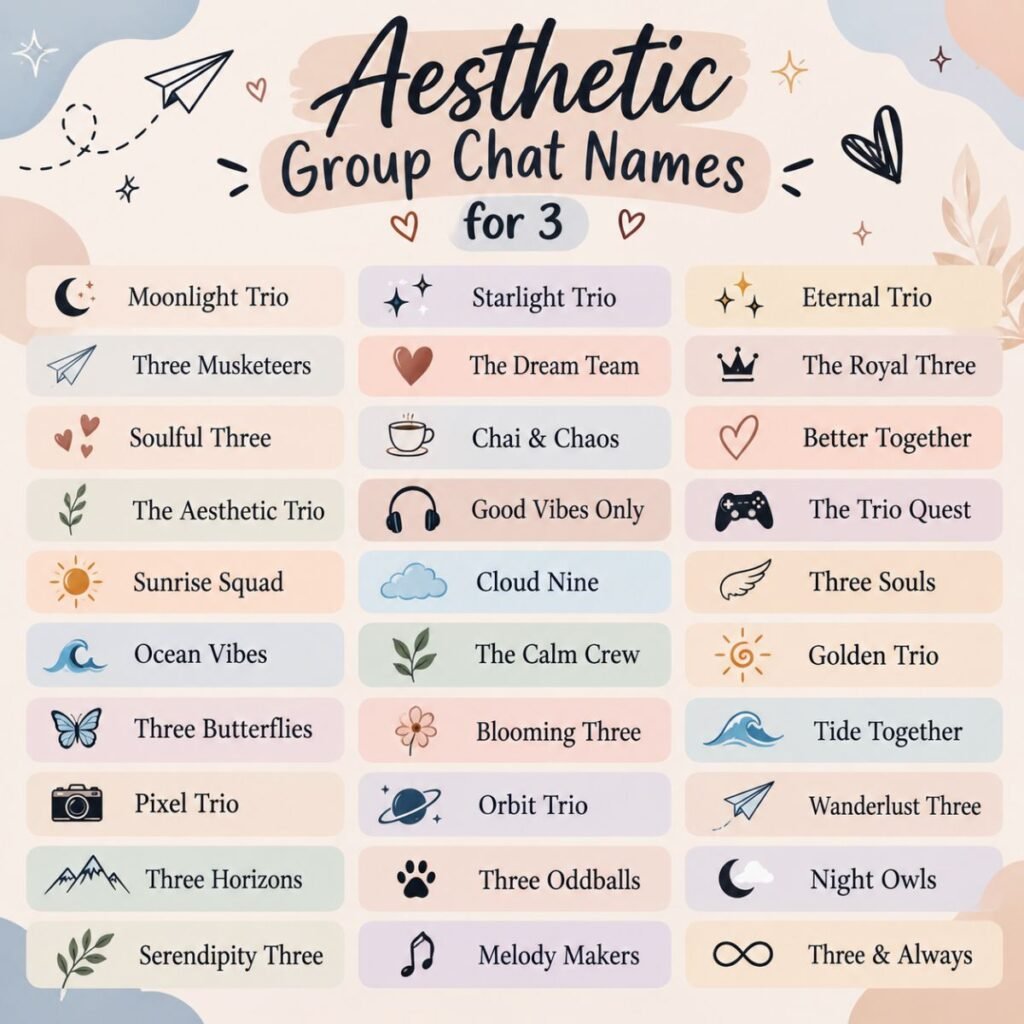 Aesthetic group chat names for 3 featuring cute, stylish, and creative trio name ideas