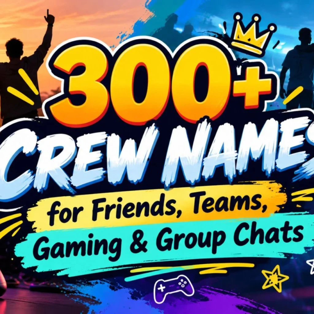 Best crew names graphic with bold lettering, crowns, friends, and a colorful sunset city background