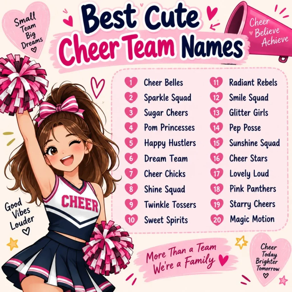 Best cute cheer team names with a cheerful cartoon cheerleader and colorful name ideas