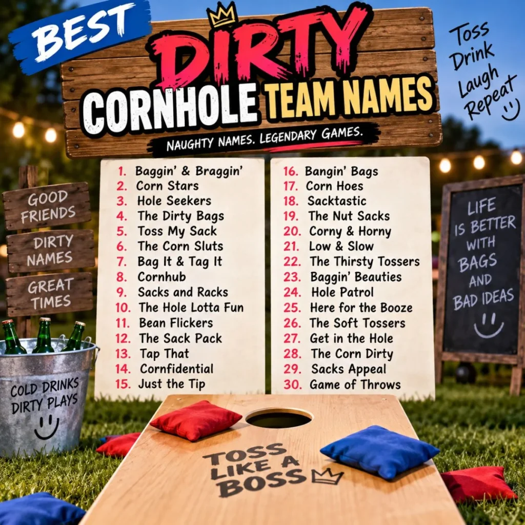 Best dirty cornhole team names displayed on a funny backyard party infographic