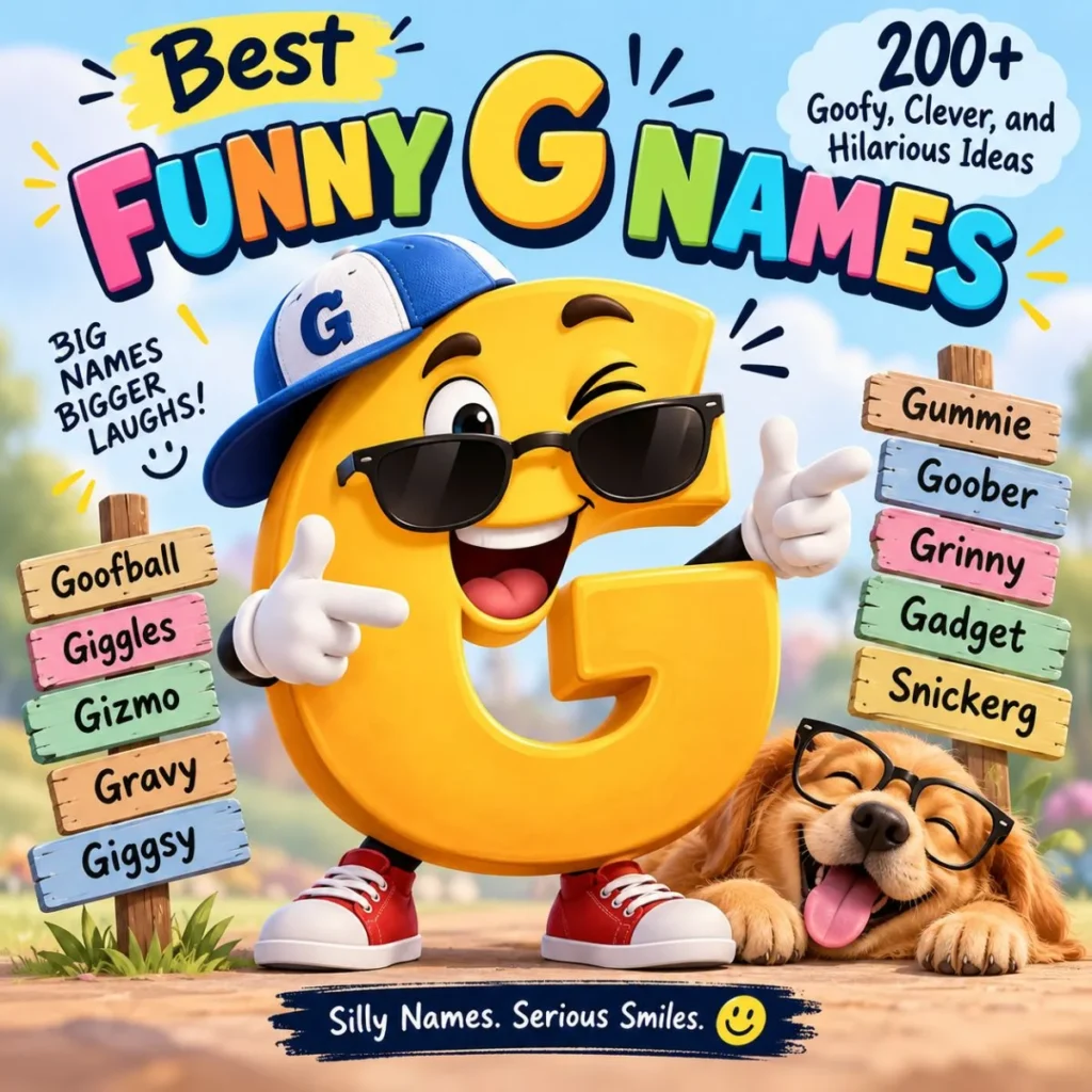 Best funny G names with a goofy cartoon G character, colorful name signs, and a playful dog