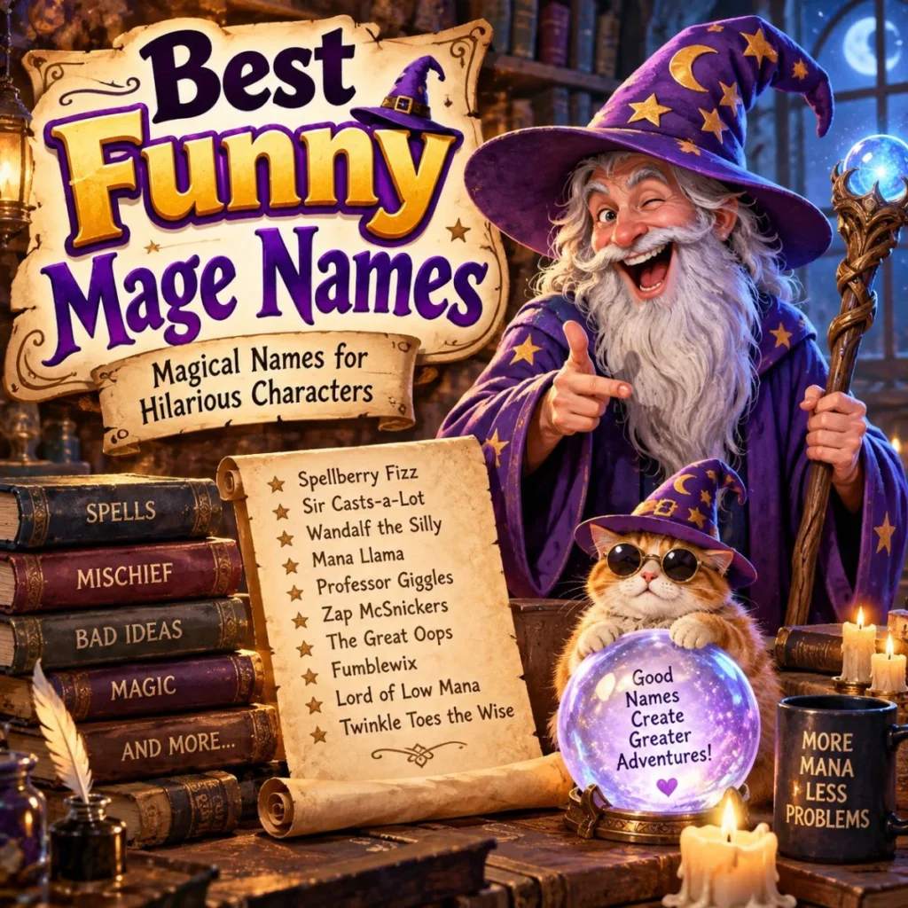 Best funny mage names displayed with a cheerful wizard, magical spellbooks, potions, and a wizard cat.