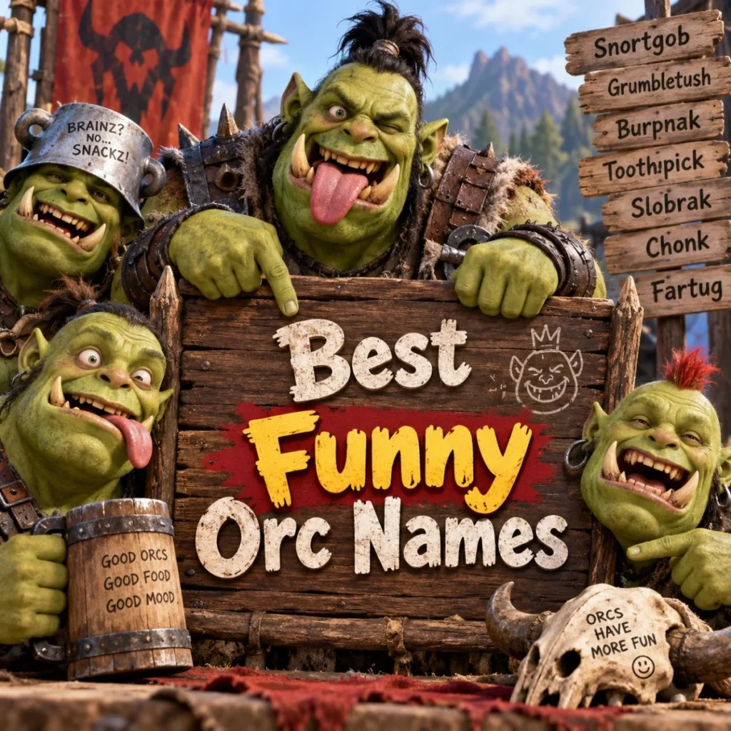 Best funny orc names shown on a playful fantasy wooden sign with goofy green orcs