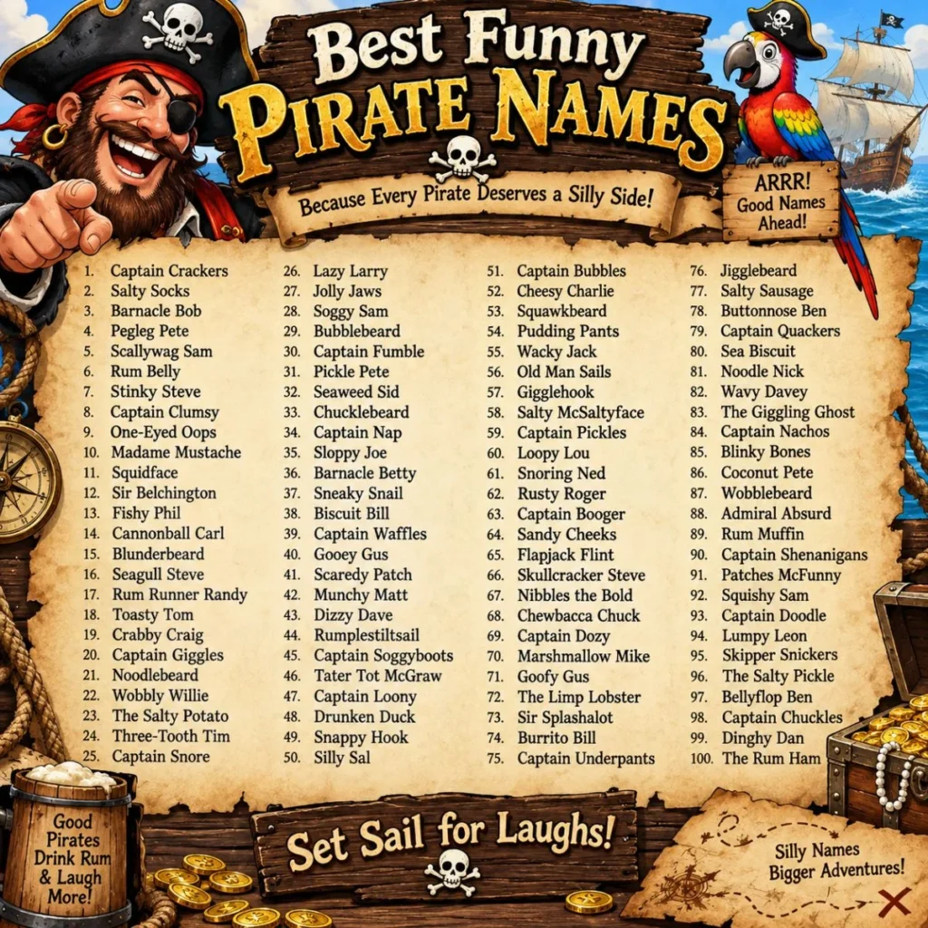 Best funny pirate names for characters, featuring a colorful pirate, parrot, treasure, and name list