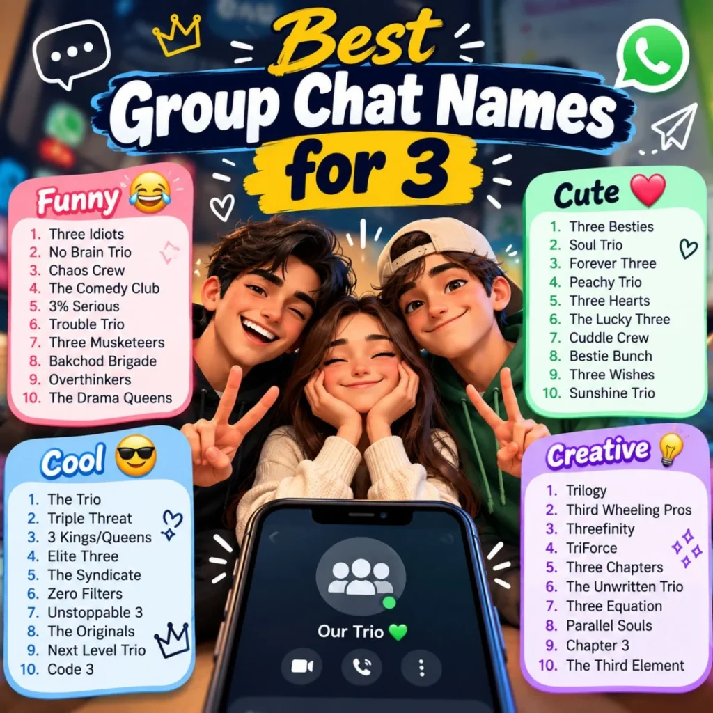 Best group chat names for 3 featuring funny, cute, cool, and creative trio name ideas