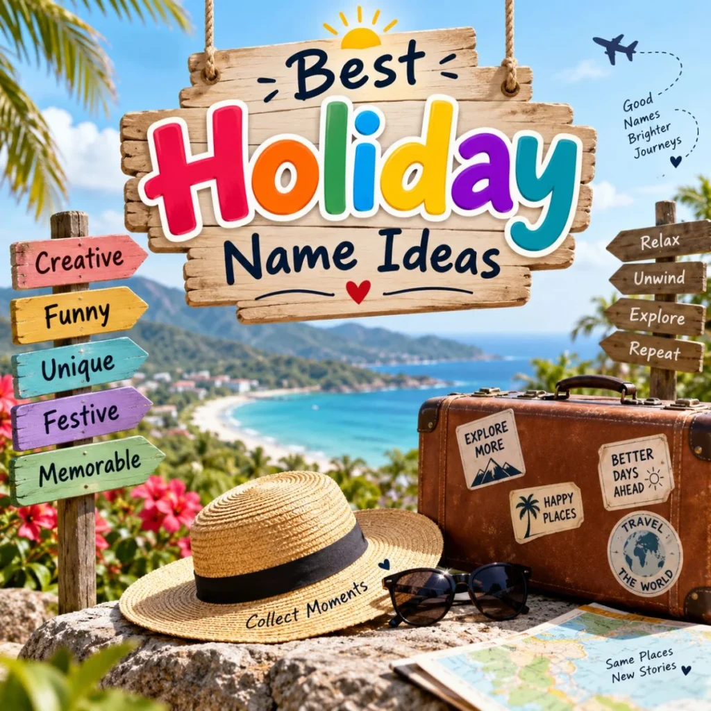 Best holiday name ideas displayed on a colorful travel sign with creative, funny, unique, and festive options