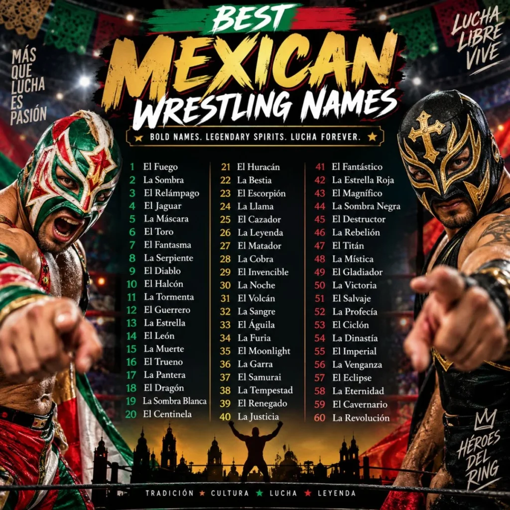 Best Mexican wrestling names featuring masked luchadores in a vibrant lucha libre arena