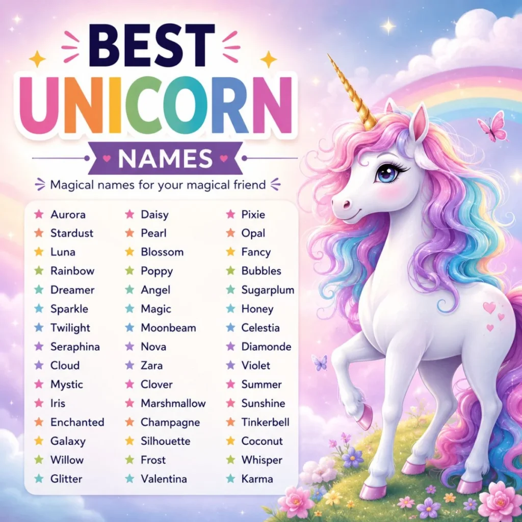 Best unicorn names with a colorful magical unicorn and a list of enchanting name ideas