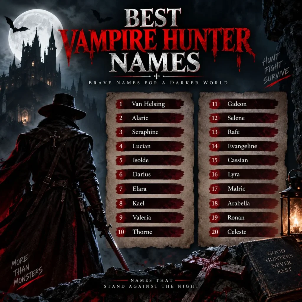 Male vampire hunter names with a gothic hunter, moonlit castle, sword, and dark fantasy atmosphere