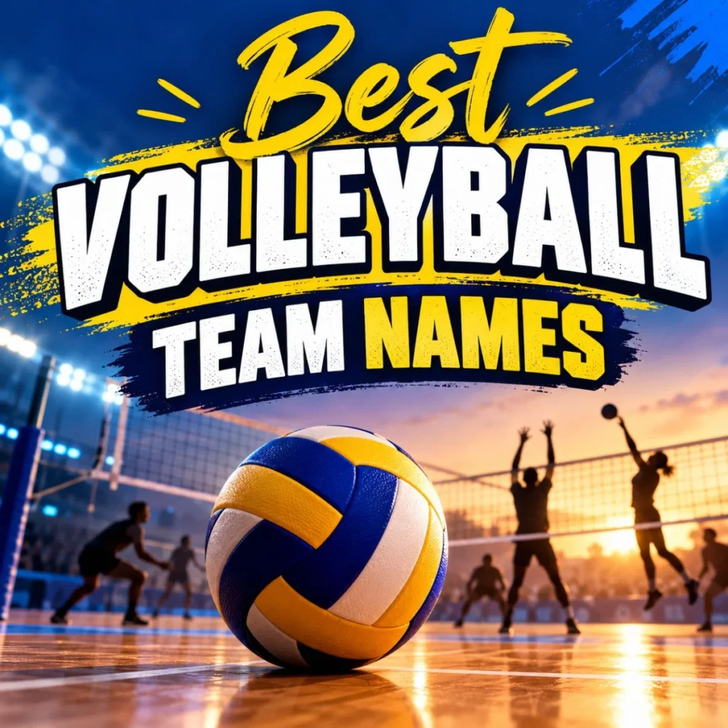 Best volleyball team names with a volleyball, net, and players on a court