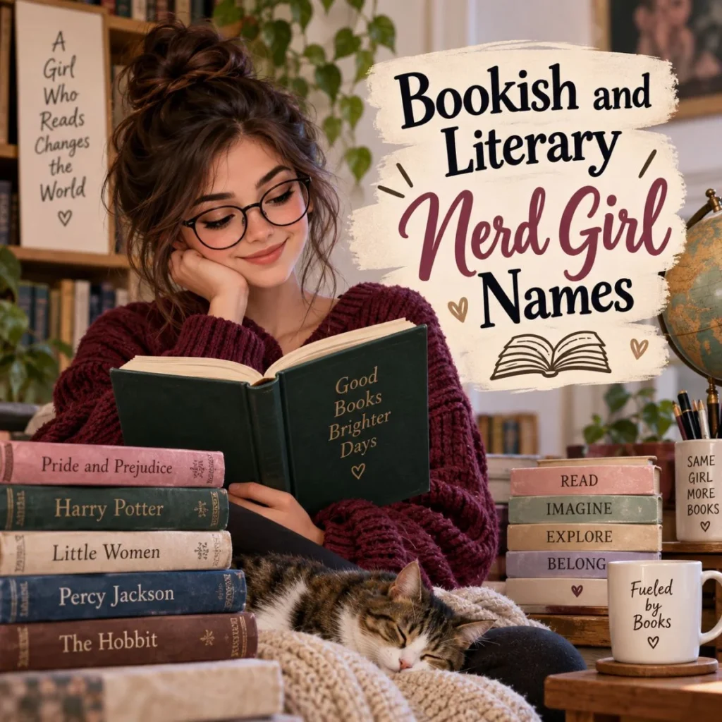 Bookish and literary nerd girl names with a cozy reader, books, cat, and warm library setting