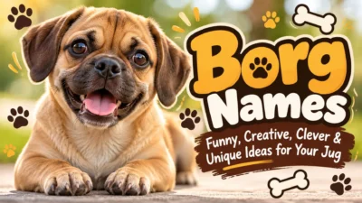 Funny Borg names with a playful Jug dog illustration and creative naming ideas