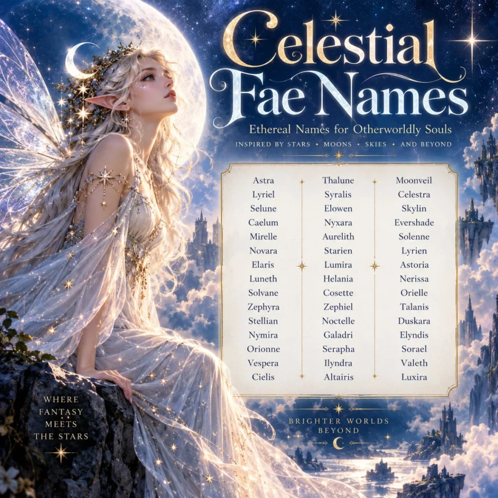 Celestial Fae Names poster featuring an ethereal fairy beneath a glowing moon and starry sky