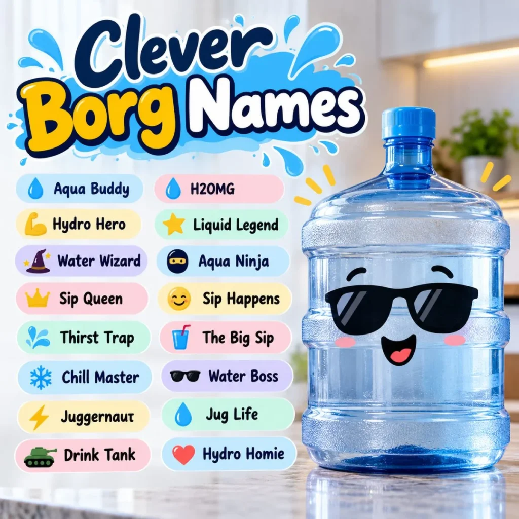 Clever borg names displayed with a fun water jug illustration and creative nickname ideas