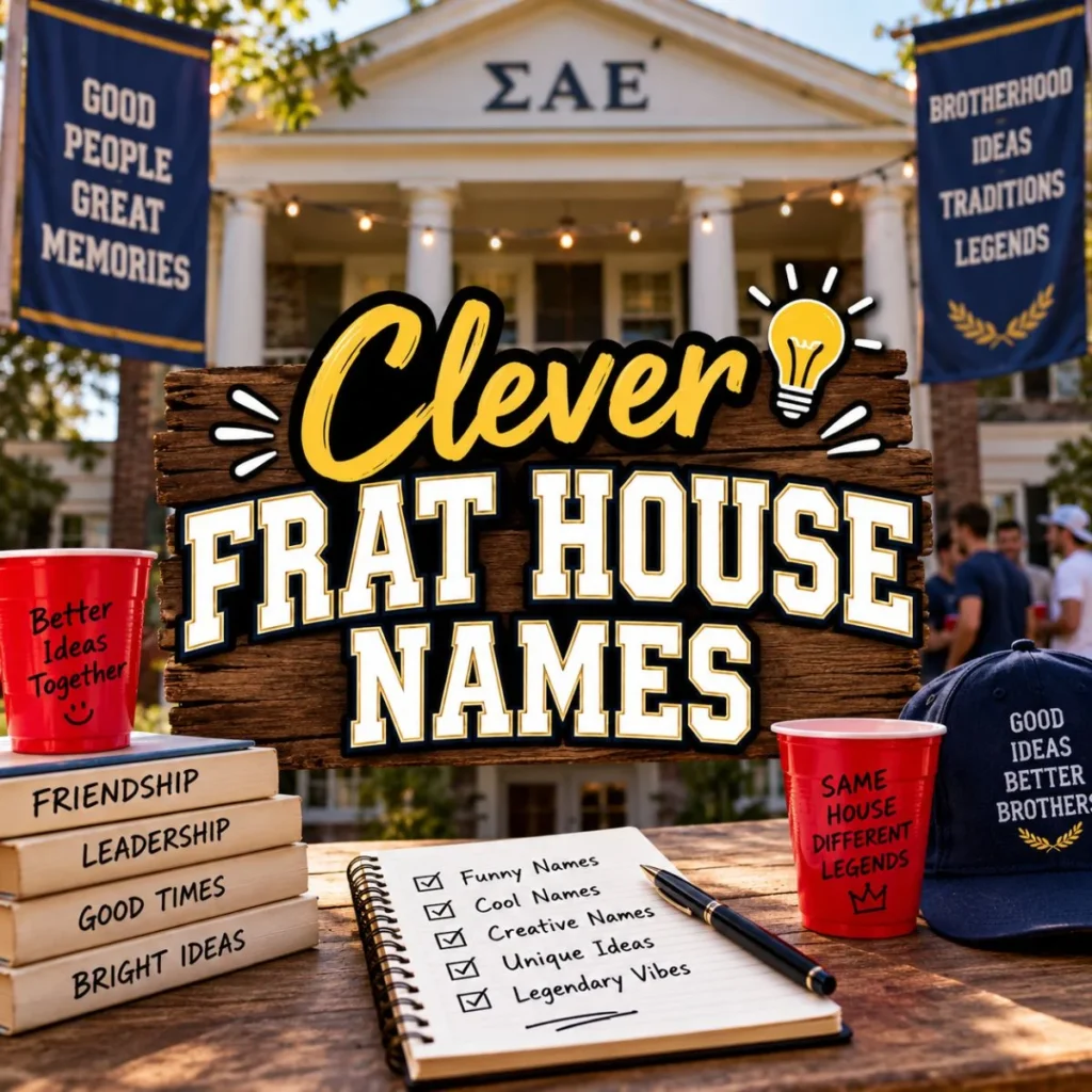 Clever frat house names displayed on a college fraternity house sign with creative ideas