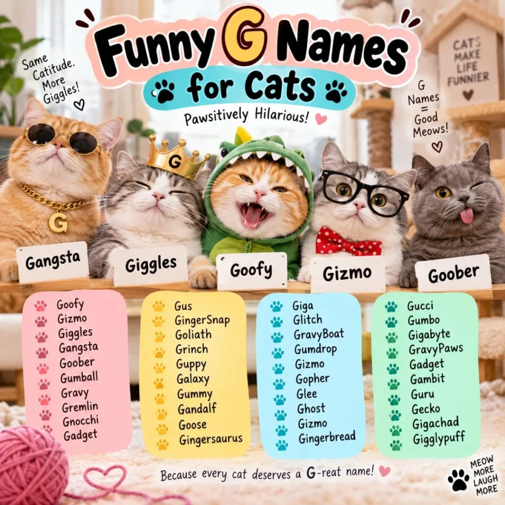 Funny G names for cats featuring playful cats and clever G-inspired name ideas