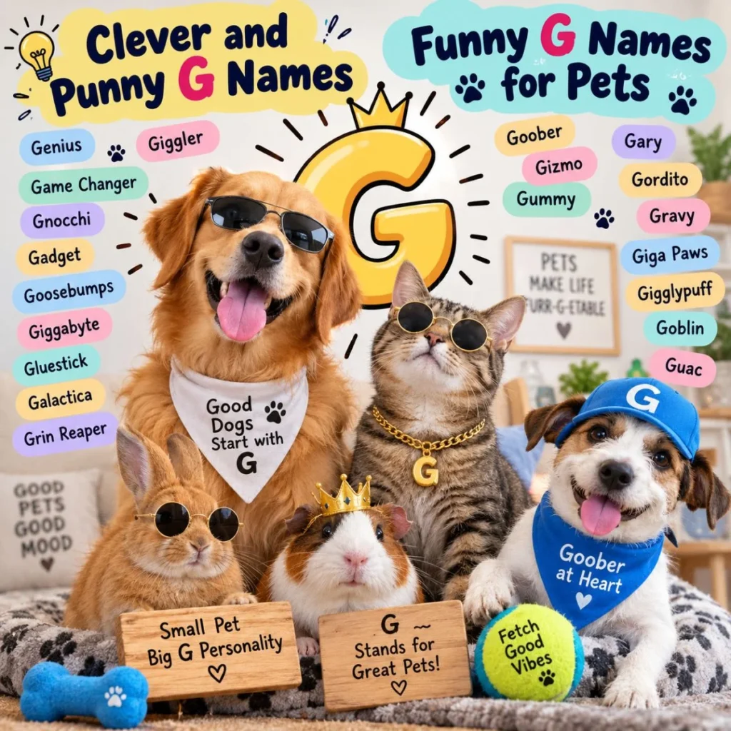 Clever and punny G names for pets with funny dog, cat, rabbit, and guinea pig name ideas