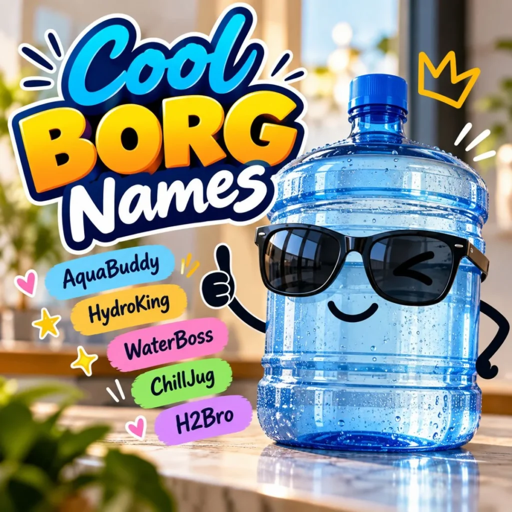Cool BORG names with a fun water jug character wearing sunglasses and colorful name ideas