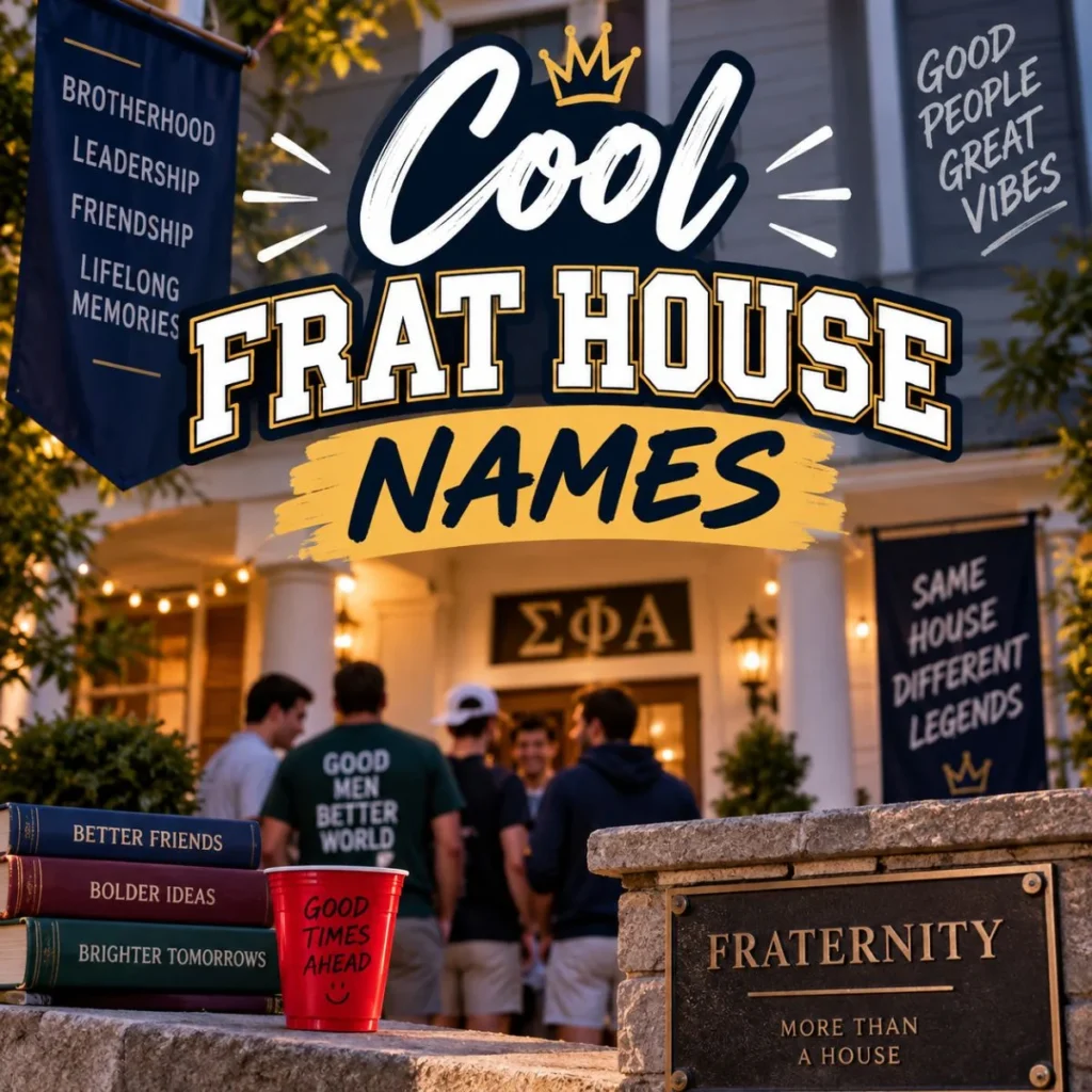 Cool frat house names displayed over a stylish fraternity house with college friends gathered outside