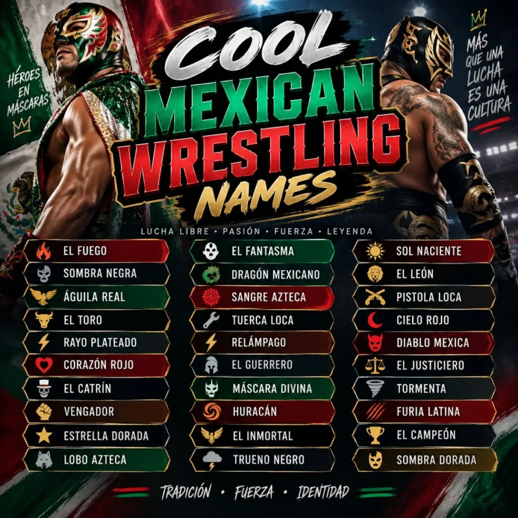 Rudo Mexican wrestling names poster featuring a masked luchador and bold dark-themed name ideas