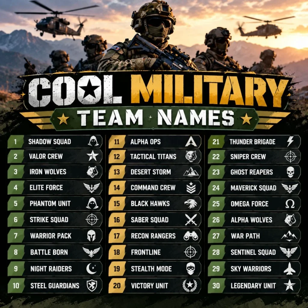 Cool military team names with soldiers, helicopters, and tactical-inspired designs