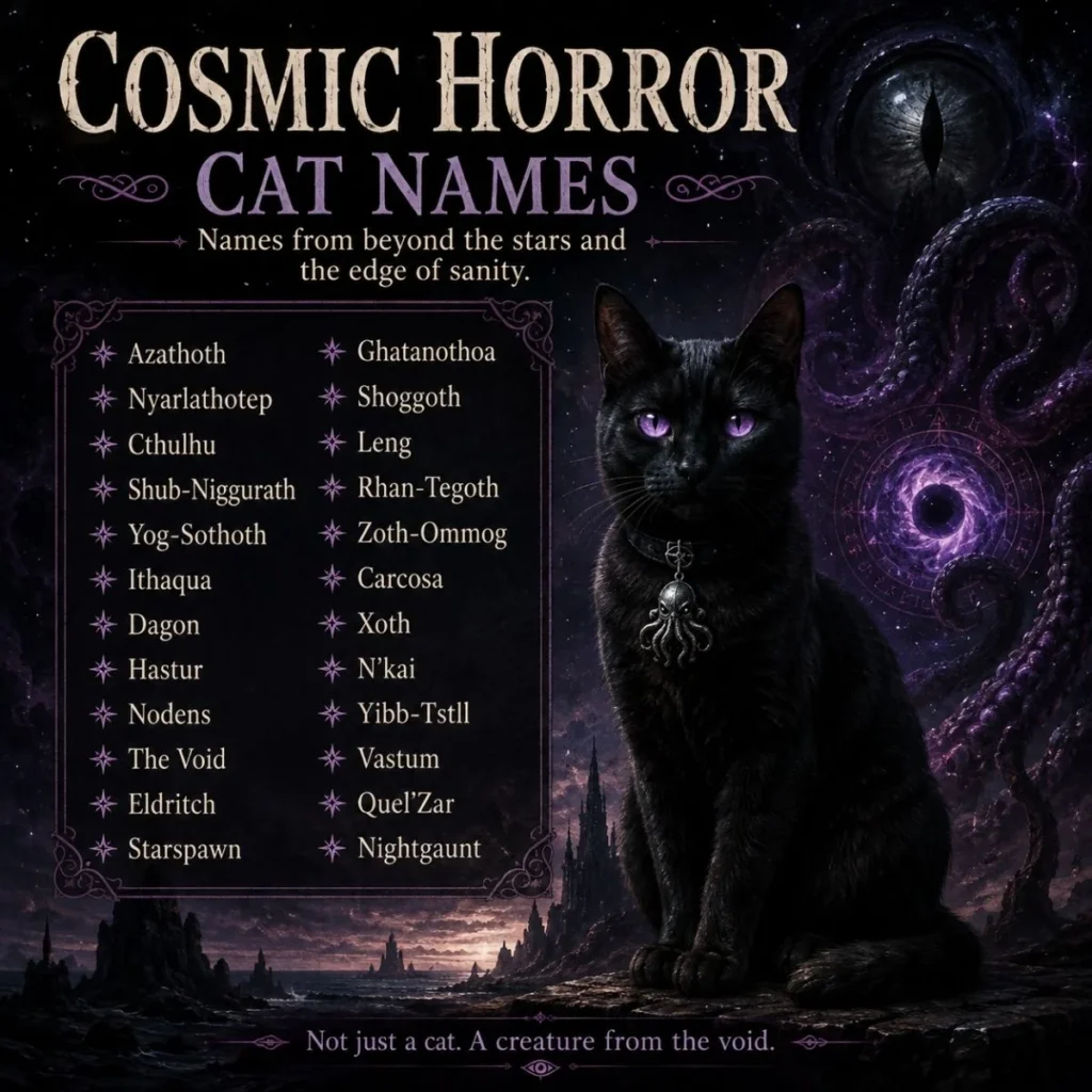 Cosmic horror cat names poster featuring a black cat with glowing purple eyes and eldritch themes