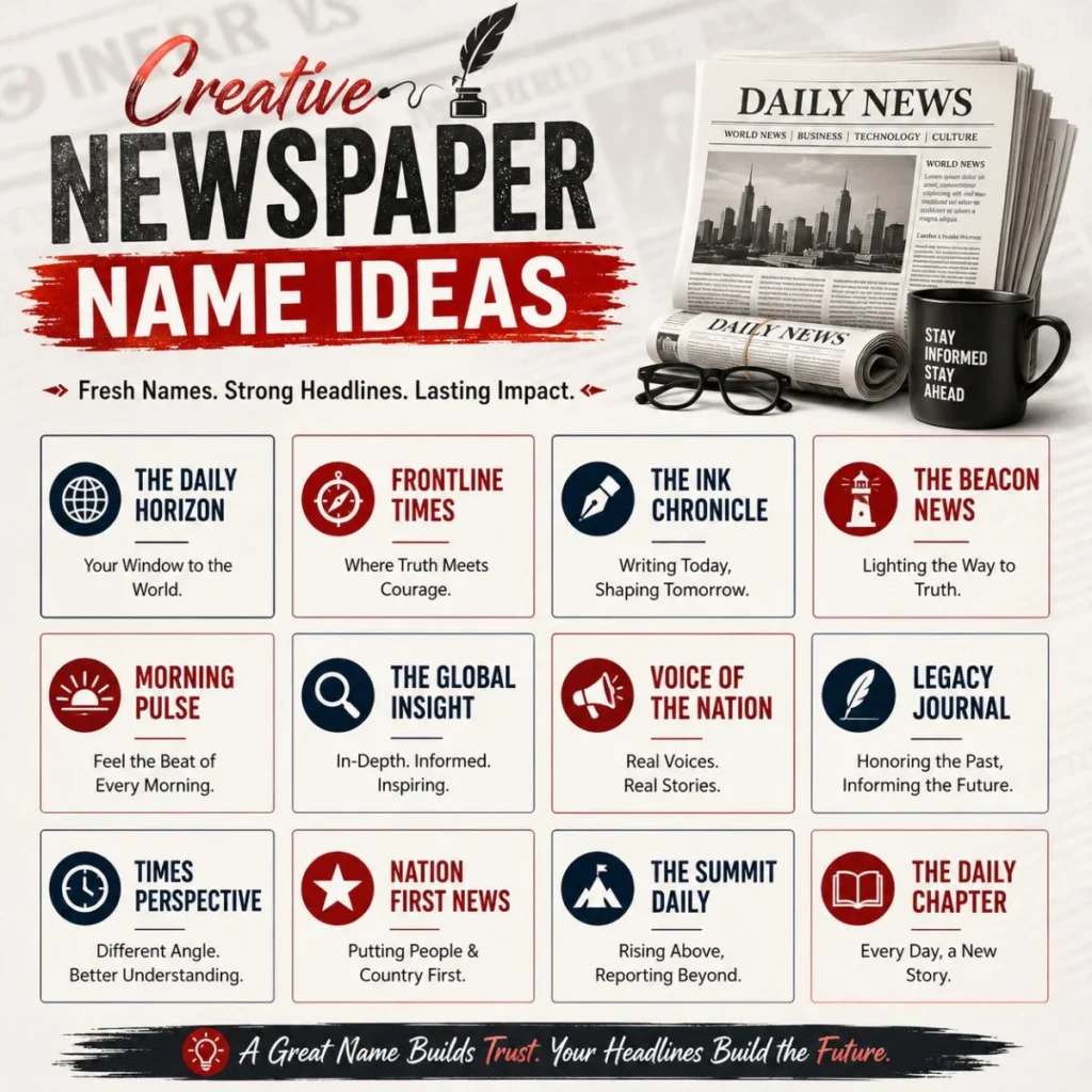 Creative newspaper name ideas with 12 unique names, newsprint graphics, and editorial themes