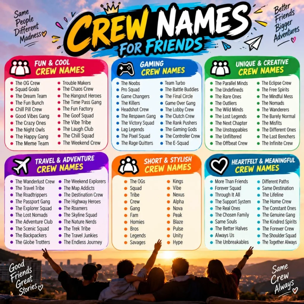 Crew names for friends featuring fun, gaming, creative, travel, stylish, and meaningful group name ideas.