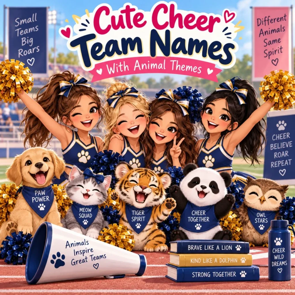 Cute cheer team names with adorable animal mascots and cheerful cheerleaders