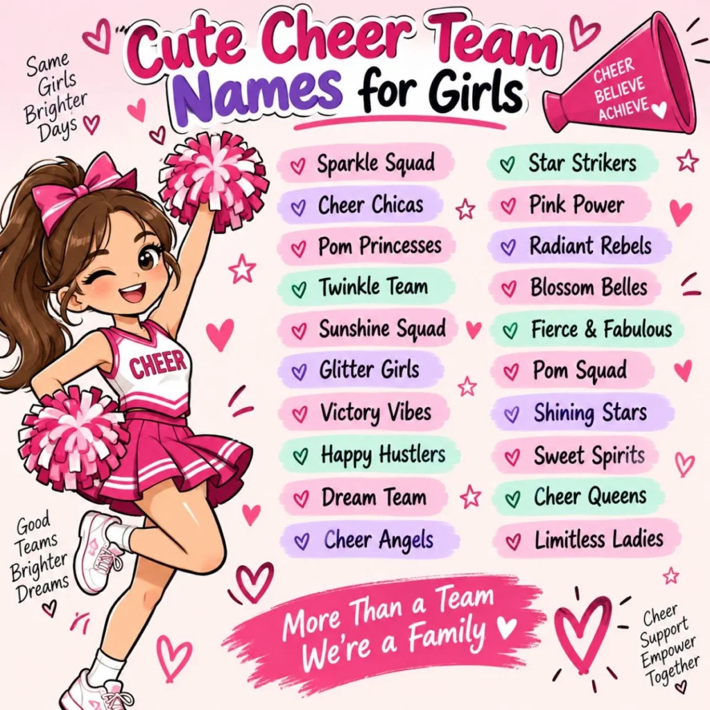 Cute cheer team names for girls with a cheerful pink and purple cheerleader poster