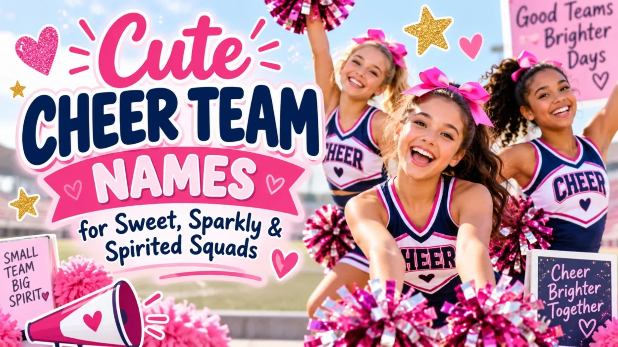 Cute cheer team names with smiling cheerleaders, pink pom-poms, bows, and sparkling team spirit