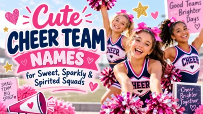 Cute cheer team names with smiling cheerleaders, pink pom-poms, bows, and sparkling team spirit