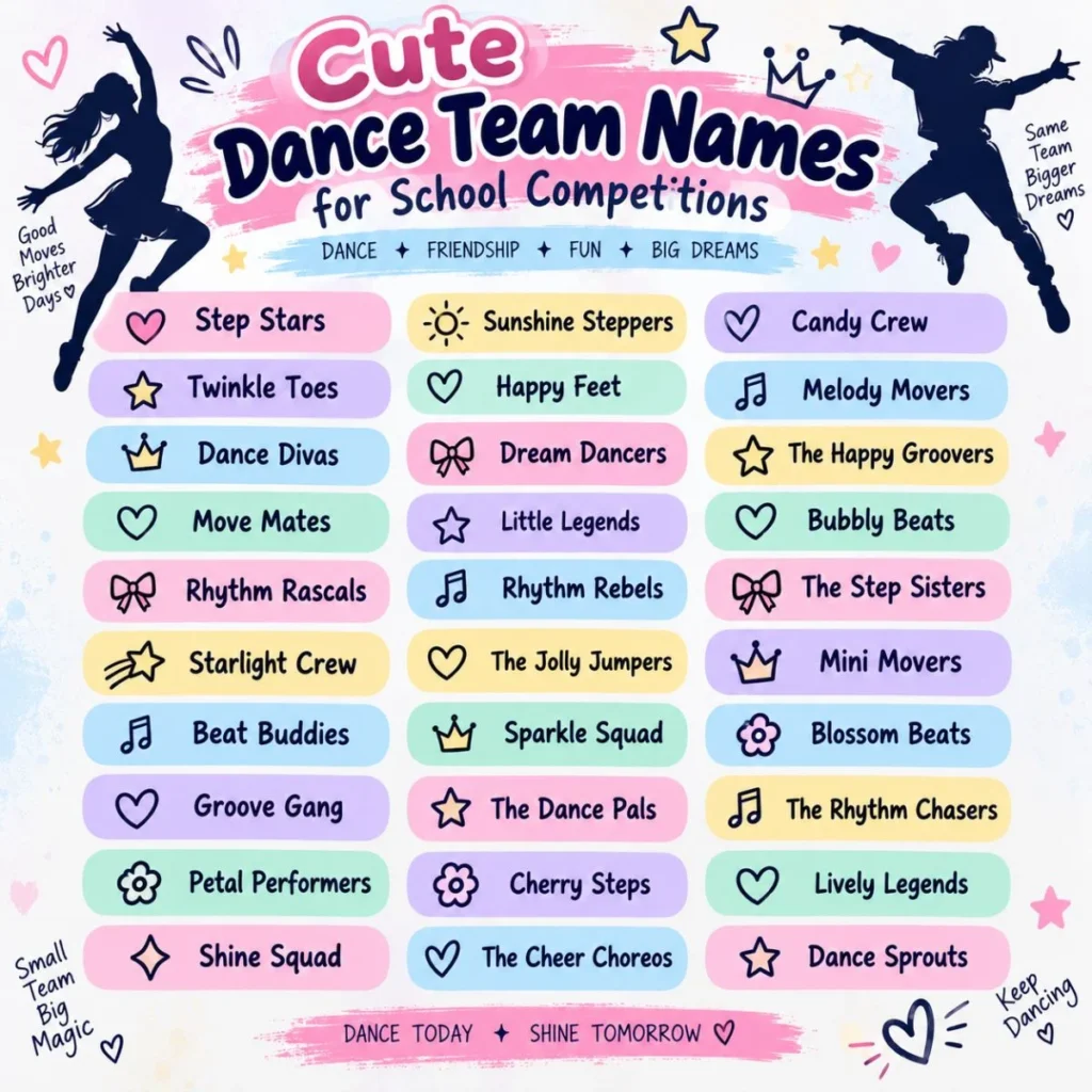 Cute dance team names for school competitions with colorful names and playful dancer illustrations