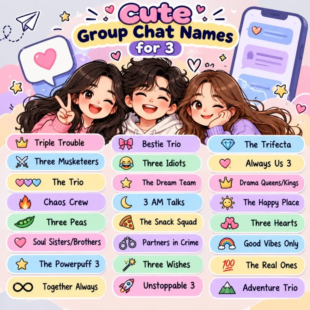 Cute group chat names for 3 friends with colorful trio name ideas and pastel cartoon design
