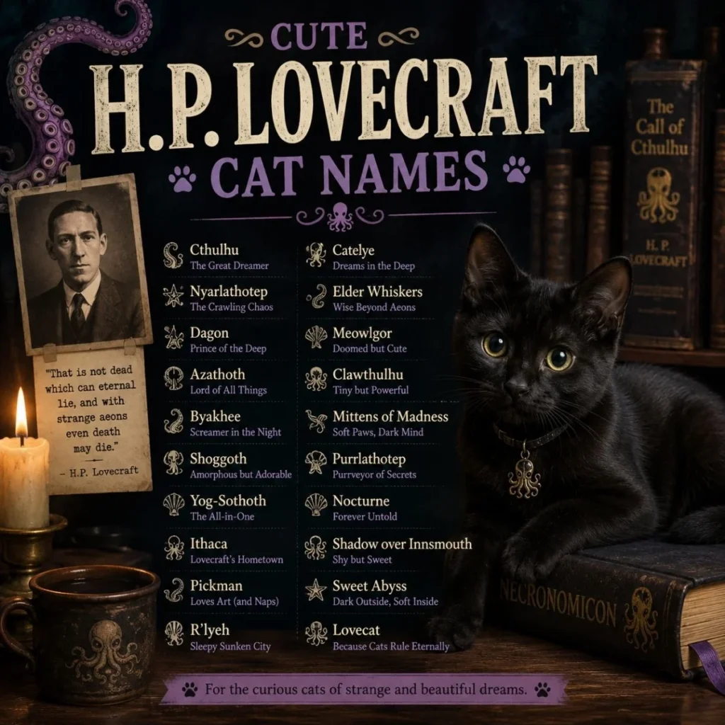 Cute H.P. Lovecraft cat names with a black kitten, gothic books, and whimsical Lovecraftian name ideas