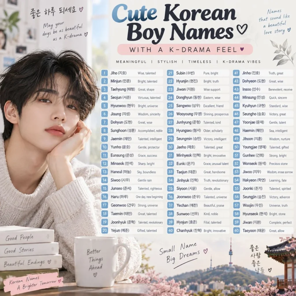 Cute Korean boy names with Hangul, meanings, and a dreamy K-drama-inspired aesthetic