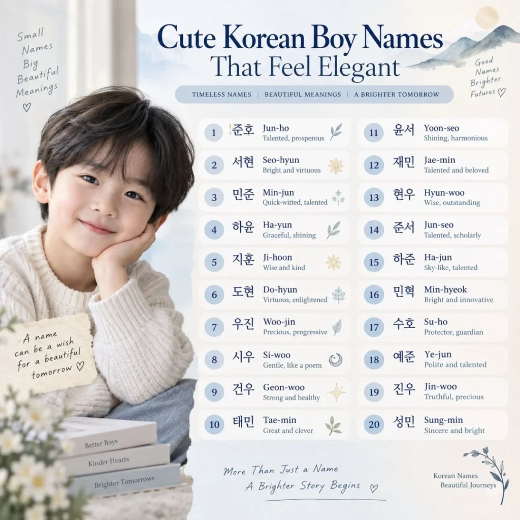 Cute Korean boy names with elegant meanings, soft pastel design, and a charming Korean boy portrait