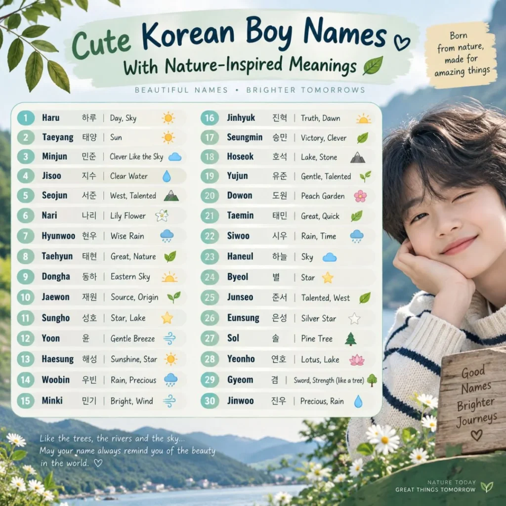 Cute Korean boy names with nature-inspired meanings, shown in a soft pastel infographic