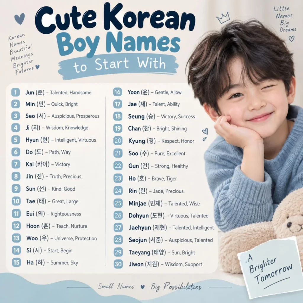 Cute Korean boy names with meanings, featuring a charming Korean boy and soft pastel design