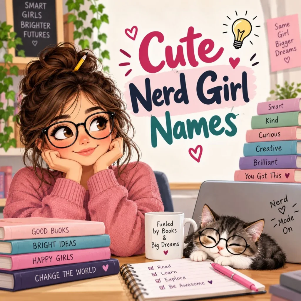 Cute nerd girl names with a bookish girl, glasses, books, and a cozy study setup