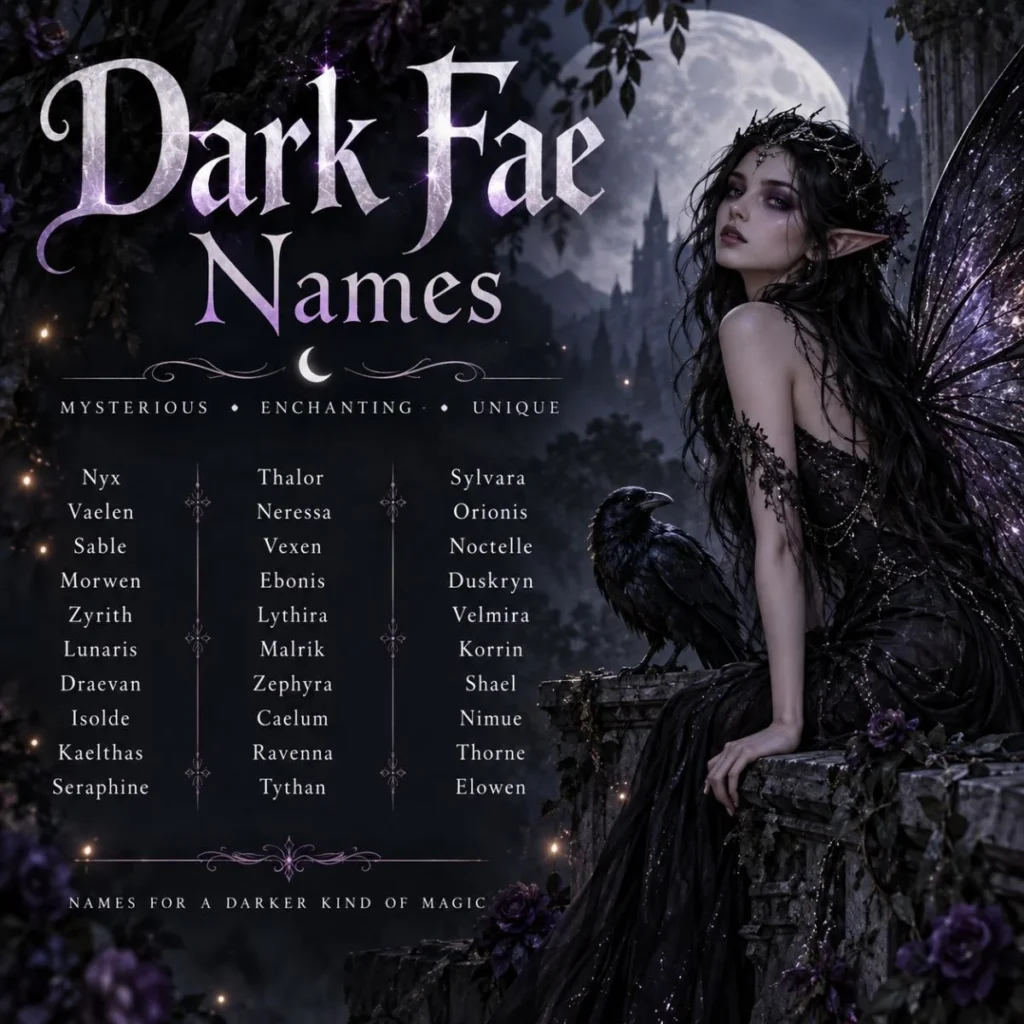 Dark Fae Names fantasy poster with an enchanting winged fae, raven, moonlit forest, and mystical names.