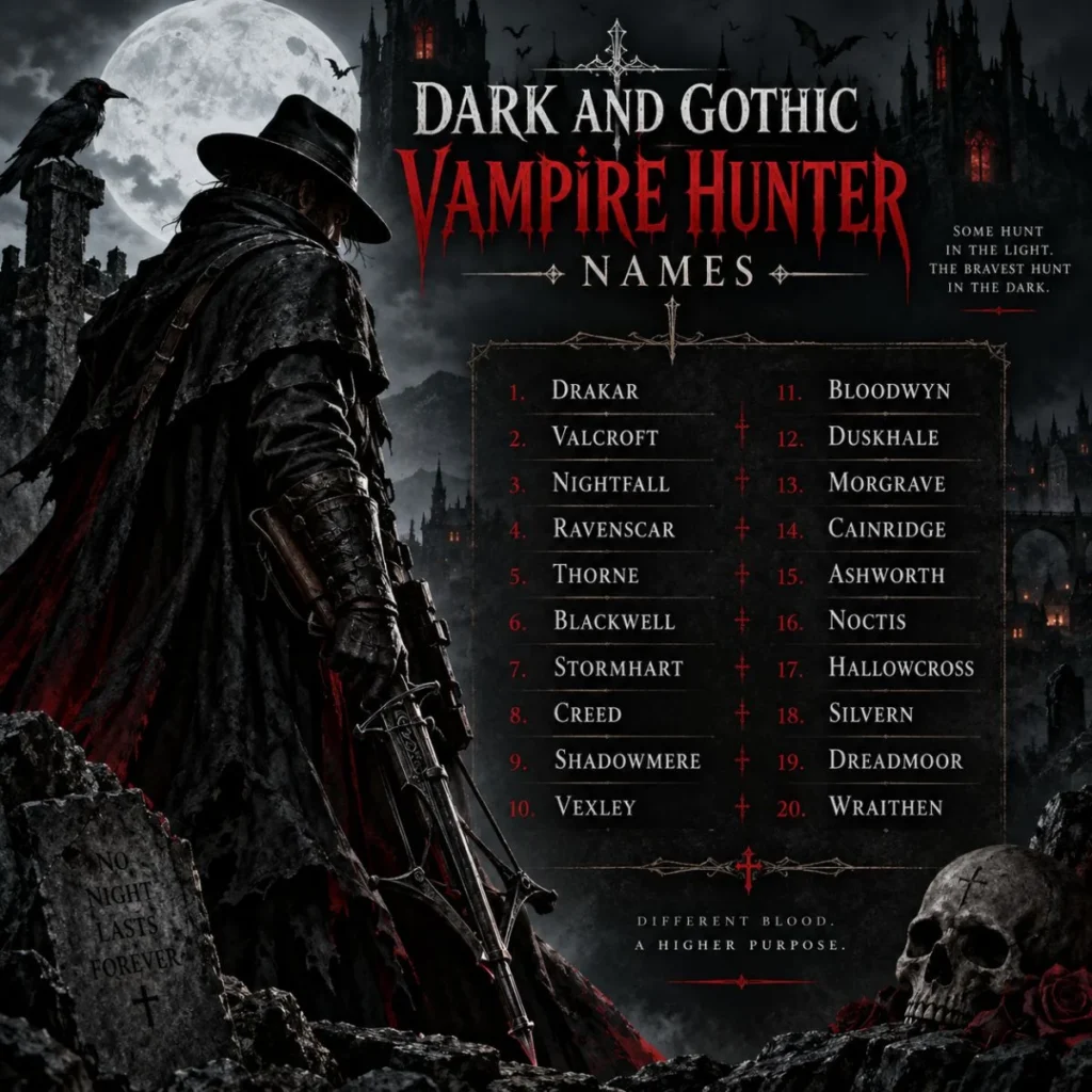 Dark and gothic vampire hunter names poster with a cloaked hunter, moonlit castle, bats, and skull