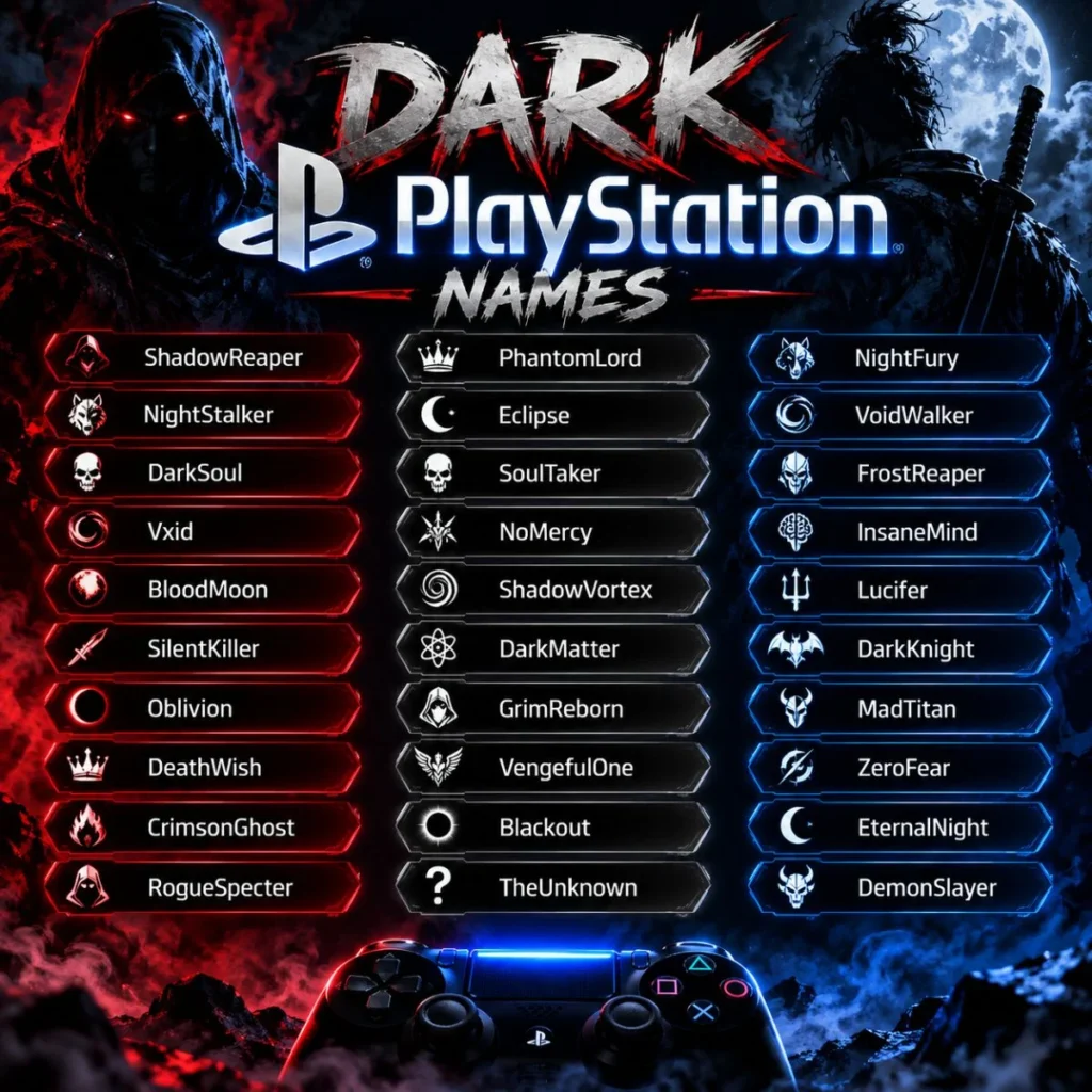 Dark PlayStation names poster featuring gaming usernames, neon red and blue effects, and a controller